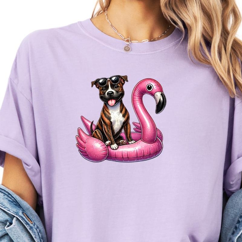 Brindle Pitbull Flamingo Float Dog Shirt ~ Unisex Apparel Relaxed Fit Printed In The USA Clothing Womenswear Casual...