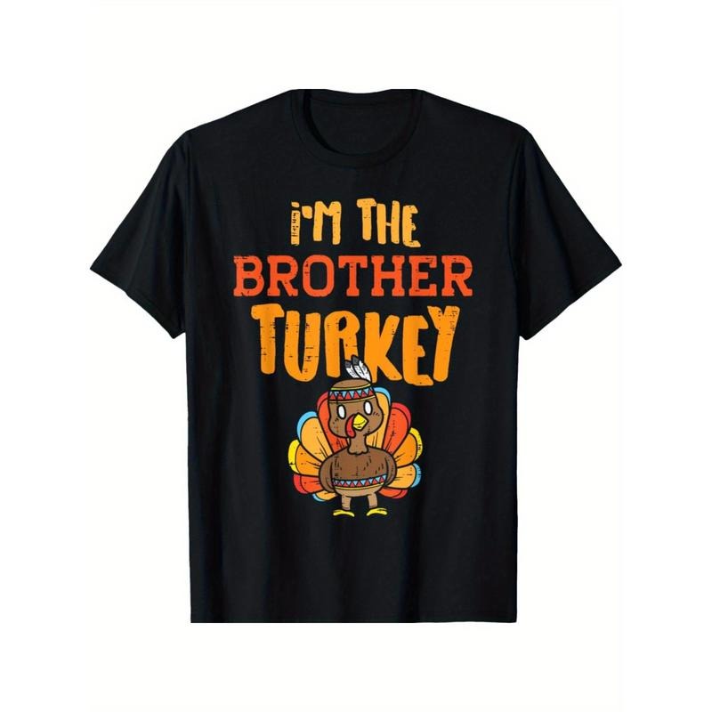 Brother Turkey Thanksgiving Cotton T-Shirt, Geometric Pattern, Casual Sports Tee with Round Neck, Stretch Fabric, Unisex...
