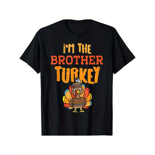 Brother Turkey Thanksgiving Cotton T-Shirt, Geometric Pattern, Casual Sports Tee with Round Neck, Stretch Fabric, Unisex...