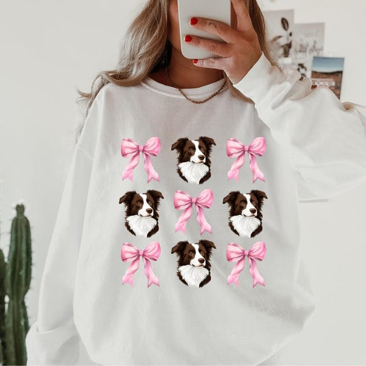 Brown Border collie with bows Sweatshirt ~ Sweatshirt Unisex Apparel Relaxed Fit Printed in the USA Clothing Womenswear...