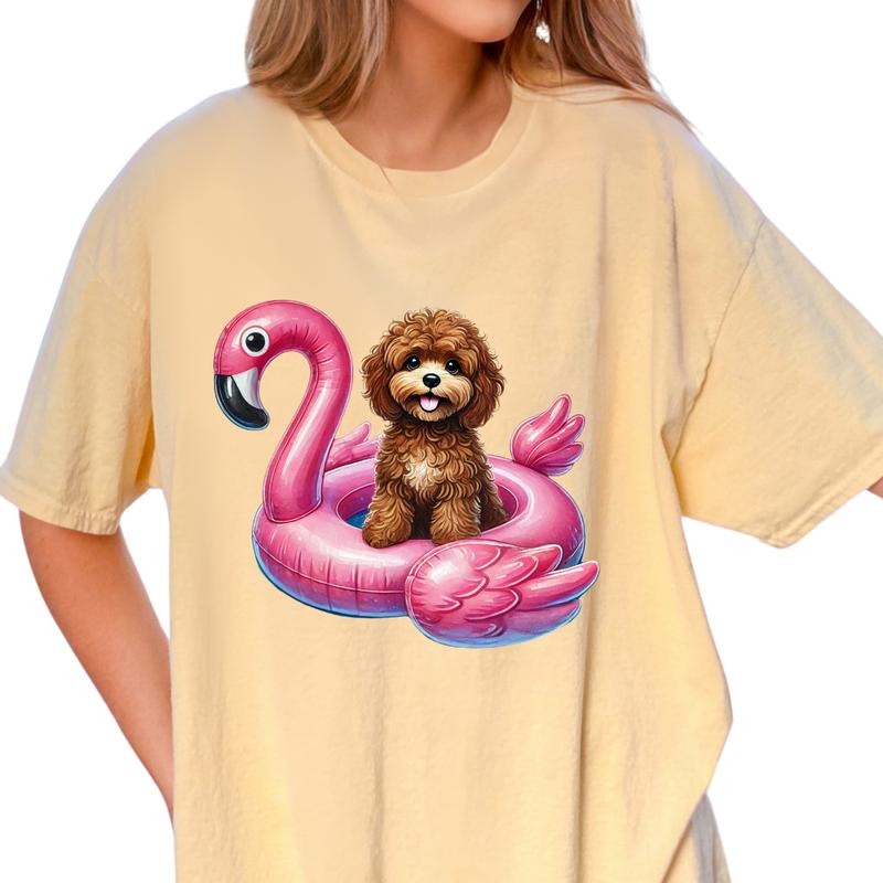 Brown Cavapoo Flamingo Float Dog Shirt ~ Unisex Apparel Relaxed Fit Printed In The USA Clothing Womenswear Casual Comfort...
