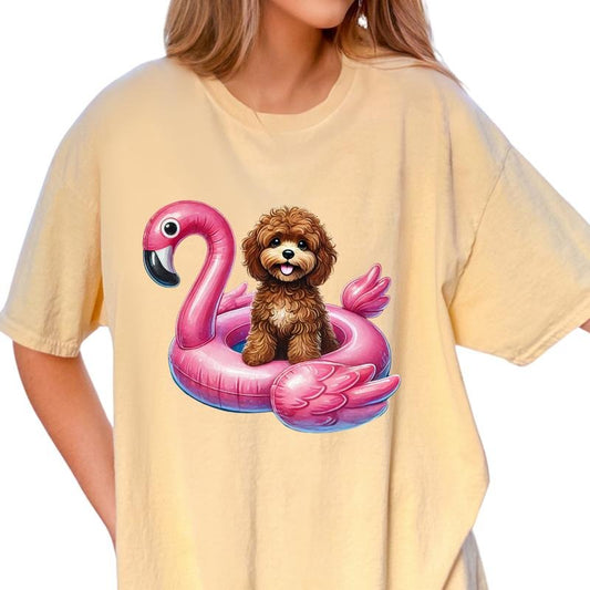 Brown Cavapoo Flamingo Float Dog Shirt ~ Unisex Apparel Relaxed Fit Printed In The USA Clothing Womenswear Casual Comfort...