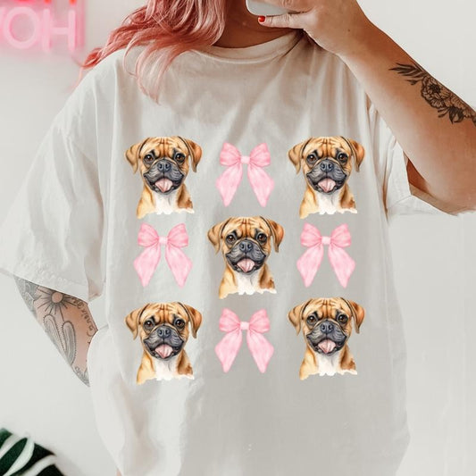 Brown Puggle with bows Shirt ~ Unisex Apparel Relaxed Fit Printed In The USA Clothing Womenswear Casual Comfort Cotton...