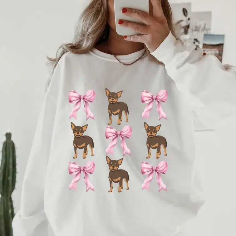 Brown chihuahua with bows Sweatshirt ~ Sweatshirt Unisex Apparel Relaxed Fit Printed in the USA Clothing Womenswear...