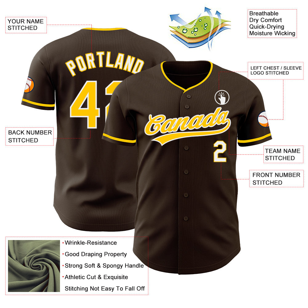 Custom Brown Yellow-White Authentic Baseball Jersey