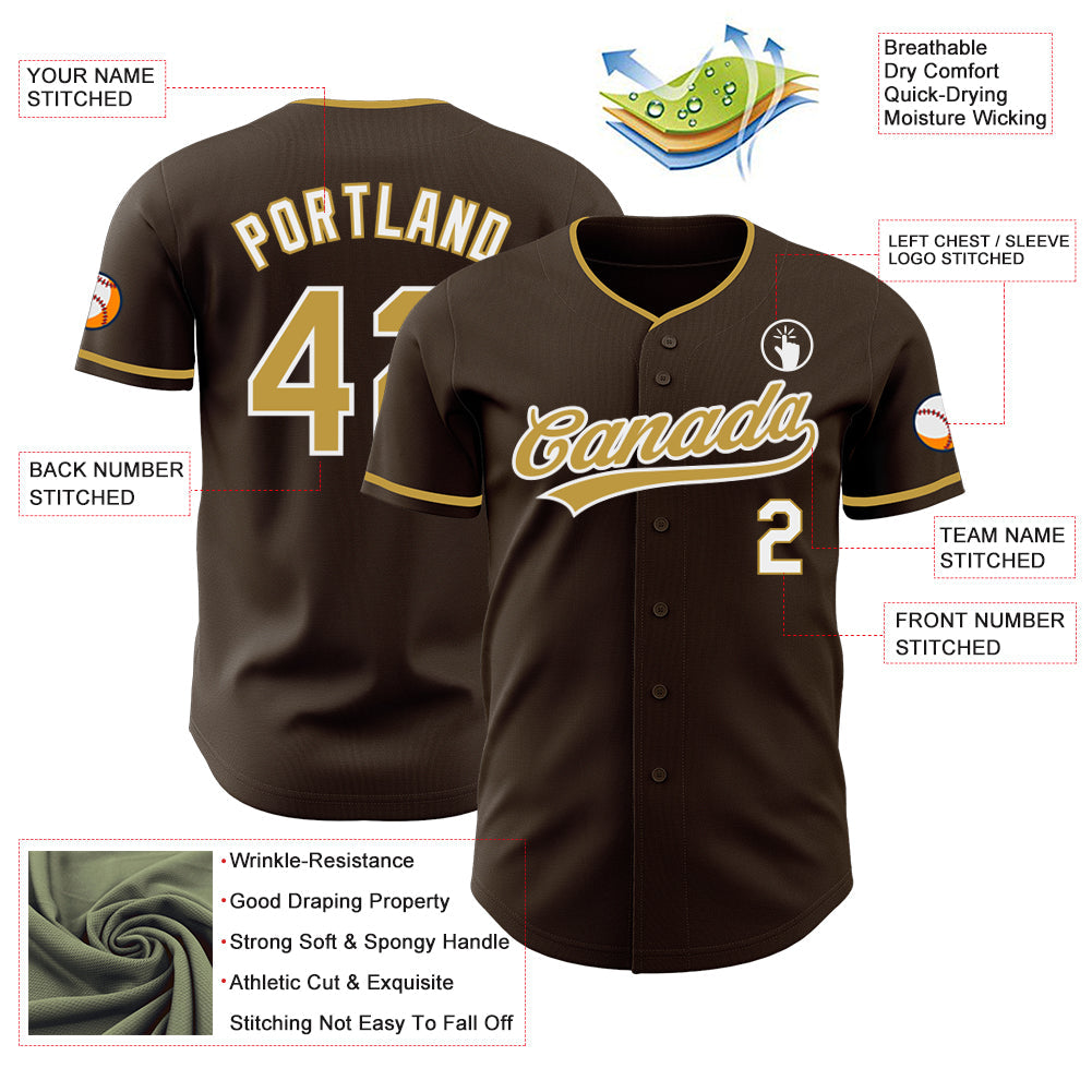 Custom Brown Old Gold-White Authentic Baseball Jersey
