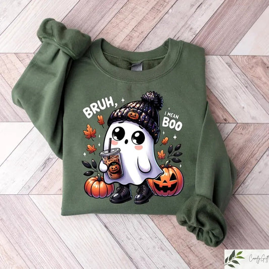 Bruh I Mean Boo Ghost Sweatshirt, Ghost Halloween Coffee Sweater, Halloween Party Boo Spooky Season Womenswear Cotton...