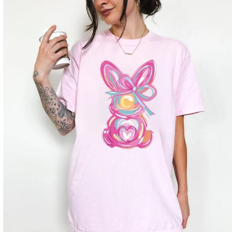 Brushstroke Bunny Easter Shirt, Bunny Coquette Bow T Shirt, Pink Rabbit Easter Tee, Retro Girly Shirt, Unisex Short...