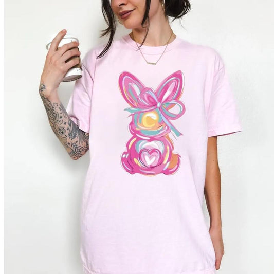 Brushstroke Bunny Easter Shirt, Bunny Coquette Bow T Shirt, Pink Rabbit Easter Tee, Retro Girly Shirt, Unisex Short...