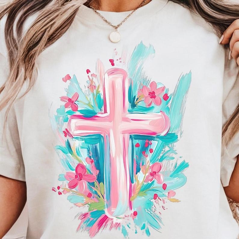 Brushstroke Easter Cross with Florals Shirt, Easter Cross Christian Girl Tee, Spring Floral Preppy Easter Gift Hoodie,...