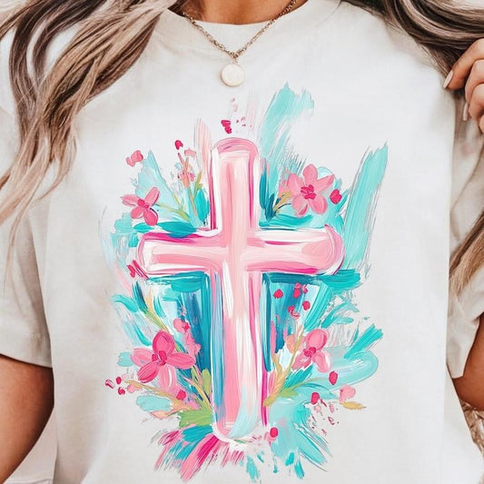 Brushstroke Easter Cross with Florals Shirt, Easter Cross Christian Girl Tee, Spring Floral Preppy Easter Gift Hoodie,...