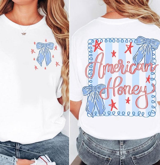 Brushtroke American Honey Flag Coquette Bows 2 Sided Shirt, Trendy Red White Blue Front and Back Tee, USA Independence...