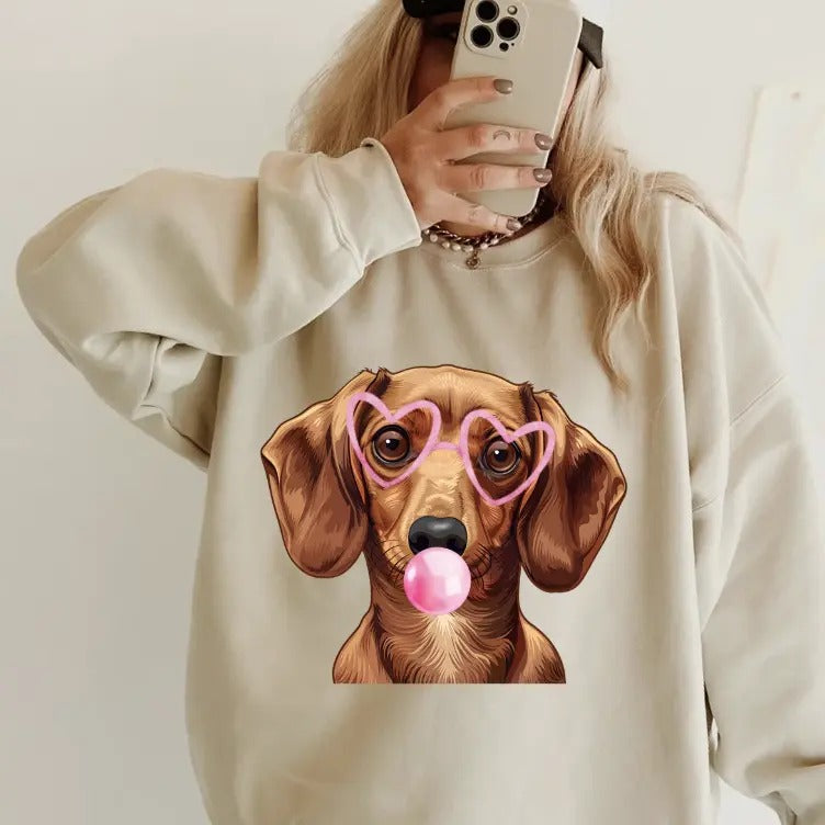 Bubblegum DACHSUND Crewneck ~ Sweatshirt Unisex Apparel Relaxed Fit Printed in the USA Clothing Womenswear Casual and...