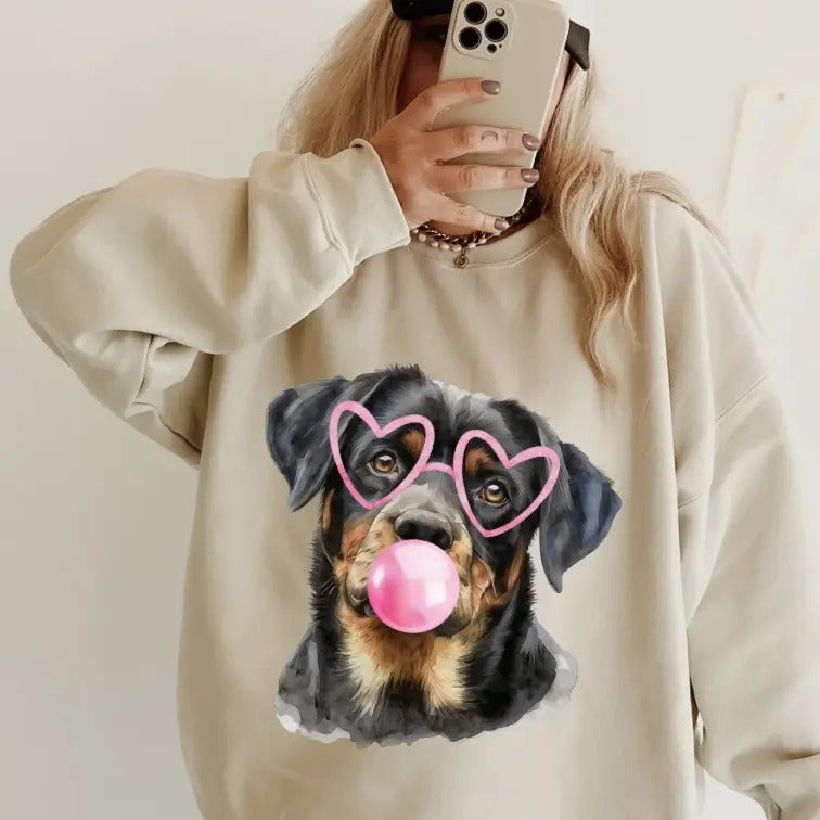 Bubblegum Rottweiler Crewneck ~ Sweatshirt Unisex Apparel Relaxed Fit Printed in the USA Clothing Womenswear Casual and...