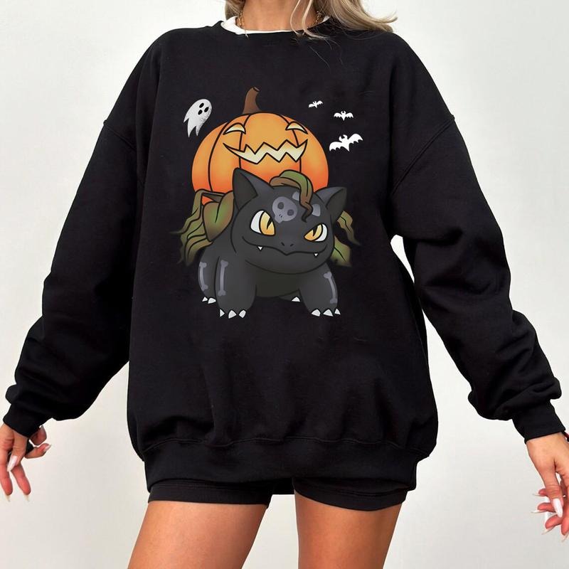 Bulbasaur Pumpkin Sweatshirt, Halloween Sweatshirt, Spooky Pumpkin Monster Sweatshirt, Gengar Japan Anime Sweatshirt,...