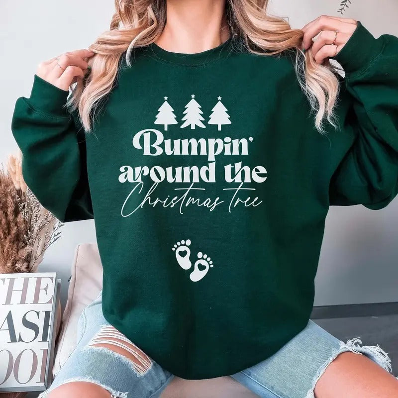 Bumpin Around The Christmas Tree Sweatshirt, Christmas Pregnancy Announcement Sweatshirt, Xmas Maternity Sweater,...