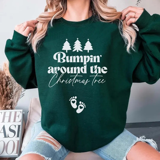 Bumpin Around The Christmas Tree Sweatshirt, Christmas Pregnancy Announcement Sweatshirt, Xmas Maternity Sweater,...