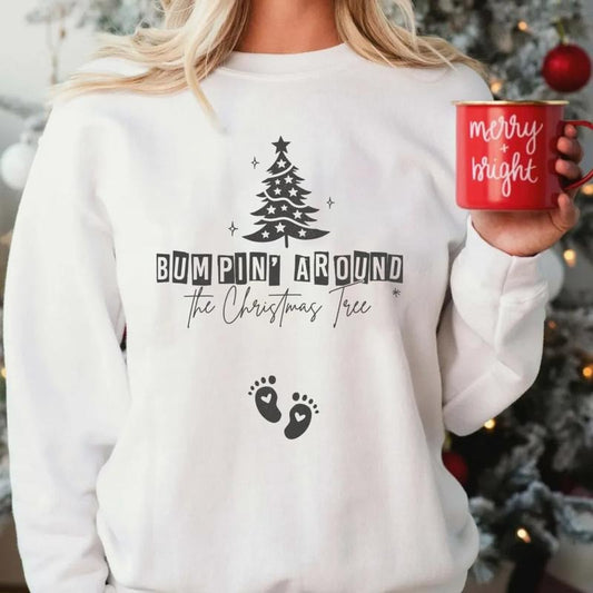 Bumpin Around The Christmas Tree Sweatshirt, Pregnancy Sweater, Pregnancy Announcement Tee, Maternity Shirt, Unisex Long...