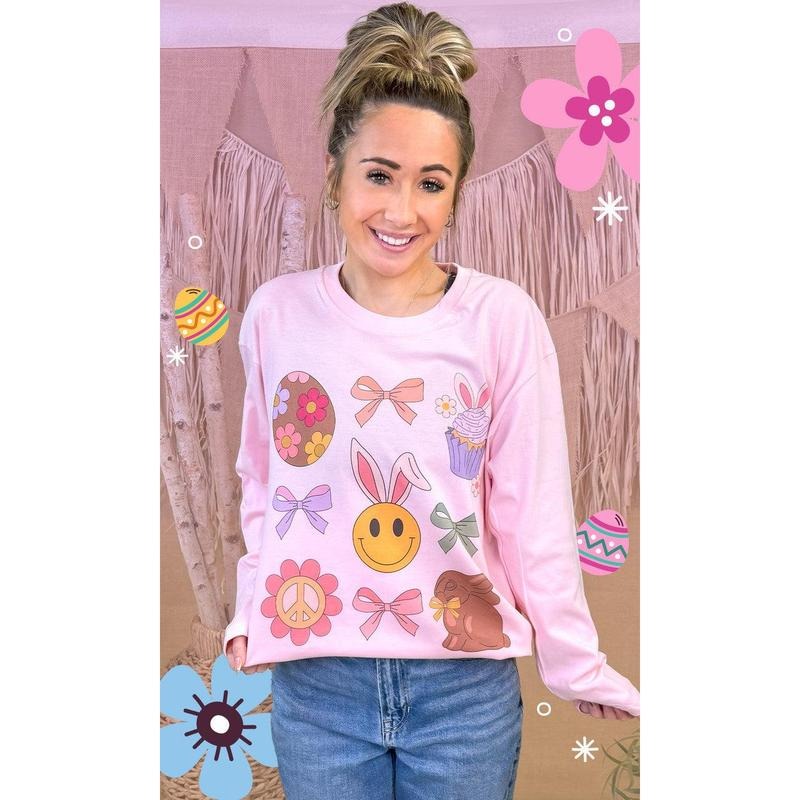 Bunnies and Bows Easter Graphic Long Sleeve T-Shirt Hoodie, Sweatshirt | WearSparks.com