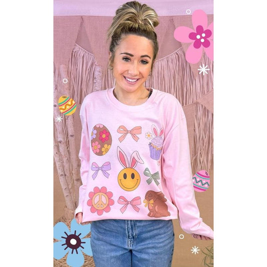 Bunnies and Bows Easter Graphic Long Sleeve T-Shirt Hoodie, Sweatshirt | WearSparks.com