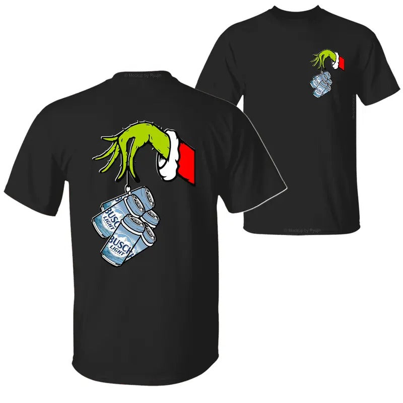 Busch Light Christmas Movie The Grin Hand T-Shirt, Christmas Green Guy Holding Busch Beer Cans 2 Sided Graphic Printed...