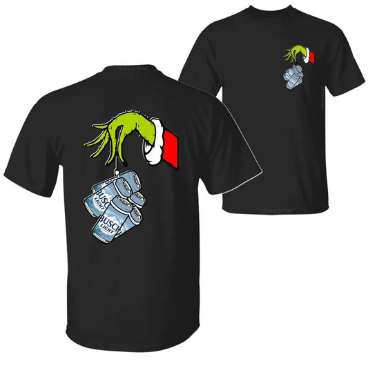 Busch Light Christmas Movie The Grin Hand T-Shirt, Christmas Green Guy Holding Busch Beer Cans 2 Sided Graphic Printed...