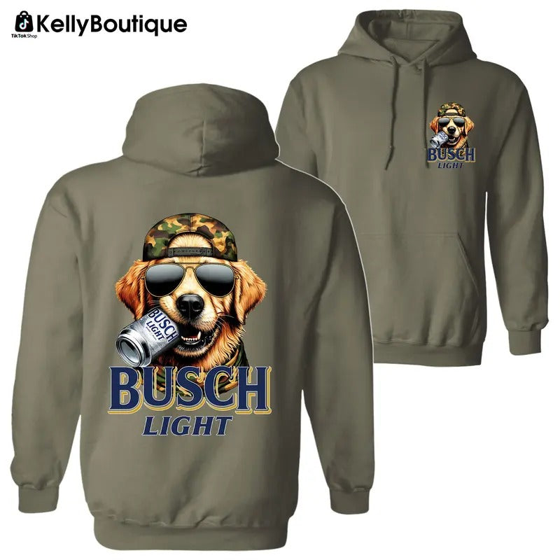 Busch Light Golden Retriever Hunting Dog Biting a Busch Beer Can 2 Sided Graphic Printed Unisex Classic Cotton Hoodie...