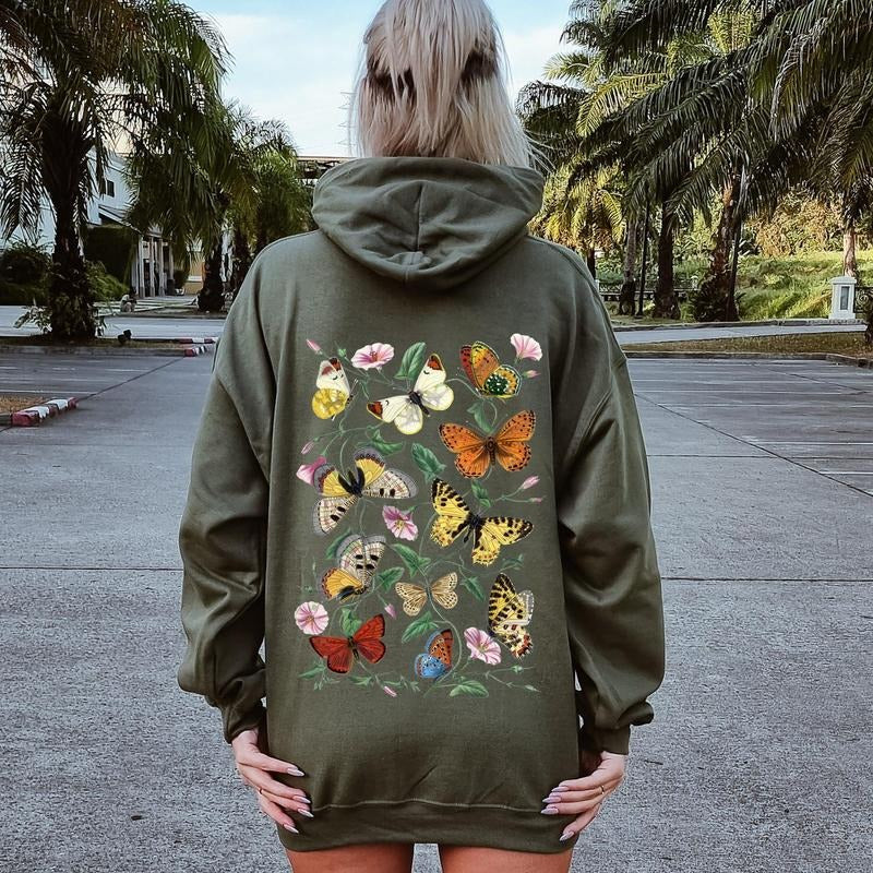 Butterfly Garden, Vibrant Floral and Butterfly Print Hoodie T-Shirts, Sweatshirt | WearSparks.com