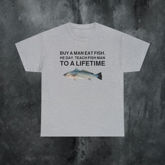 Buy a Man Eat Fish Tshirt, Funny Meme Shirt, Oddly Specific Shirt, Weird Shirt, Ironic Shirt Cotton Menswear Top Grey...