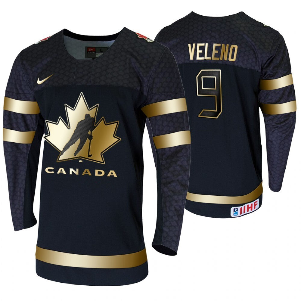 CANADA #9 joe-veleno-golden-limited-edition-2020-iihf-world-junior-ice-hockey-champions-men's-black-jersey