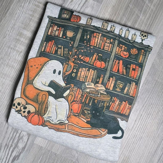 CAT Spooky Season Ghosty Books Design Sweatshirt with Halloween Icons and Ghosts Pattern T-Shirts, Hoodie | WearSparks.com