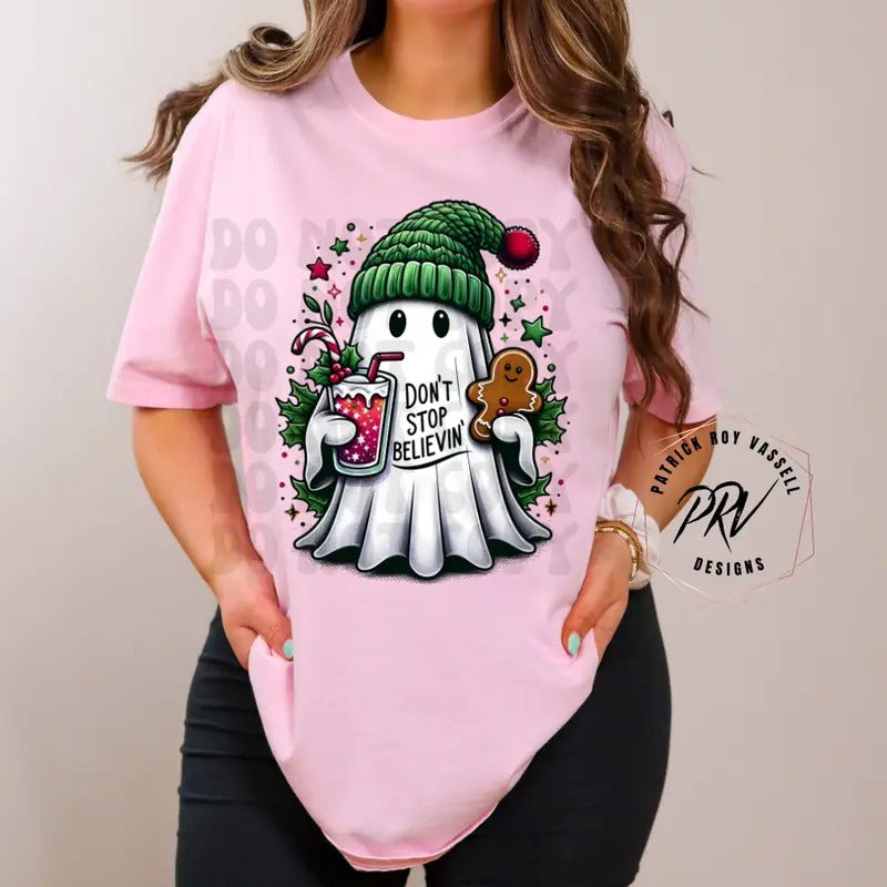 CHRISTMAS DON'T STOP BELIEVING GHOST T SHIRT, CHRISTMAS T SHIRT, GRAPHIC T SHIRT, T SHIRT FOR WOMEN Cotton Womenswear...
