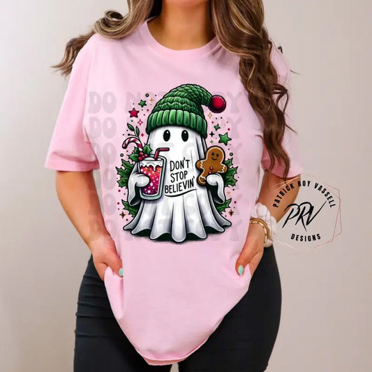 CHRISTMAS DON'T STOP BELIEVING GHOST T SHIRT, CHRISTMAS T SHIRT, GRAPHIC T SHIRT, T SHIRT FOR WOMEN Cotton Womenswear...