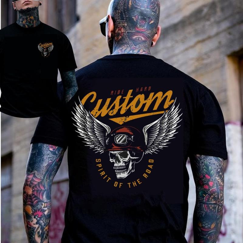 CUSTOM SPIRIT OF THE ROAD Skull with Winged Helmet Black 2 Side Print T-shirt -  Sweatshirt