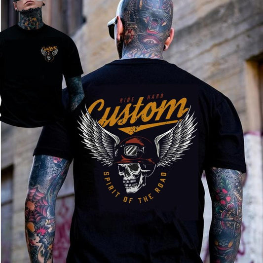 CUSTOM SPIRIT OF THE ROAD Skull with Winged Helmet Black 2 Side Print T-shirt -  Sweatshirt