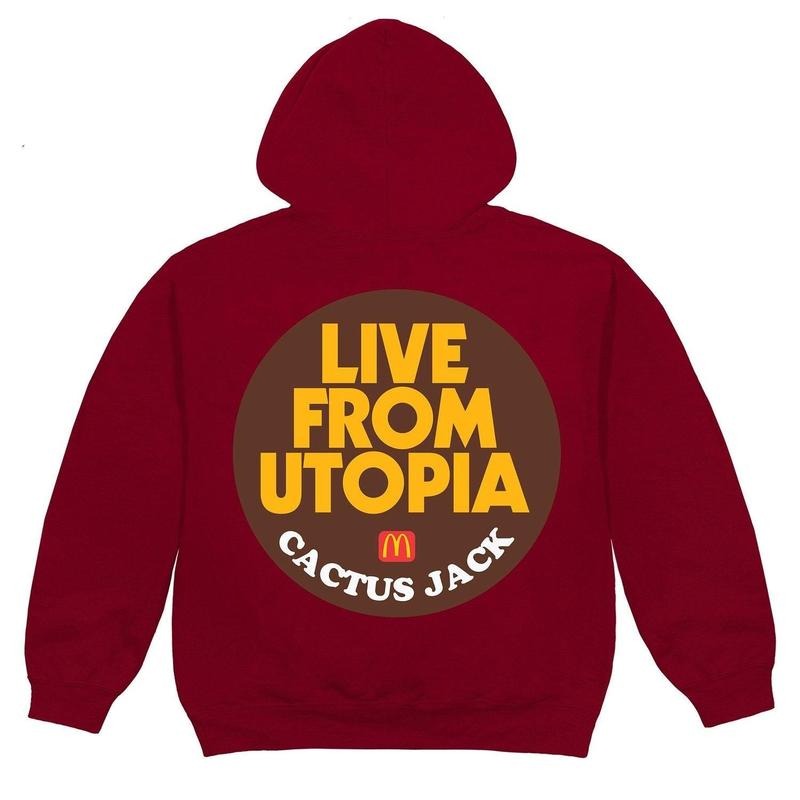 Cactus Jack x McDonald's Live From Utopia Sticker Hoodie Men's Burgundy Menswear Sweatshirt Pullover Long Sleeve Casual...
