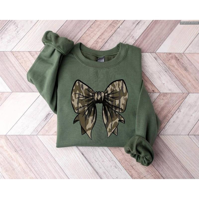 Camo Bow Coquette Sweater, Hoodie, Tee Shirt, Duck Hunting Old School Camo Shirt, Fall Women's Camouflage Bow Outfit ,...