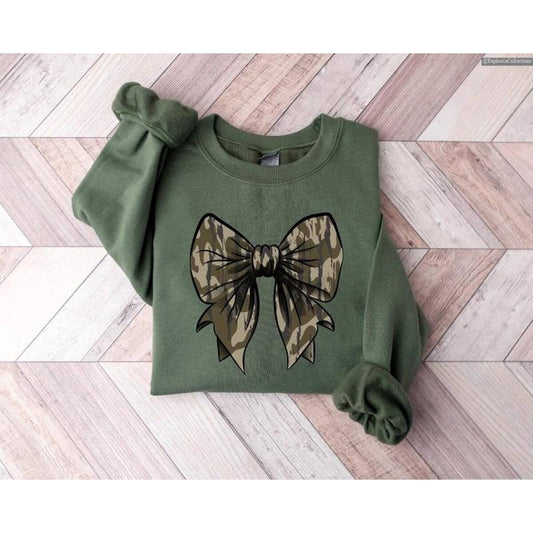 Camo Bow Coquette Sweater, Hoodie, Tee Shirt, Duck Hunting Old School Camo Shirt, Fall Women's Camouflage Bow Outfit ,...