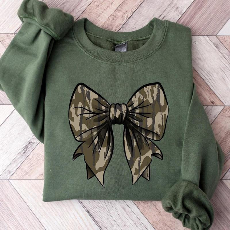 Camo Bow Sweatshirt, Camo Coquette Bow Shirt, Duck Hunting Shirt, Old School Camo Shirt, Fall Shirt, Women's Camouflage...