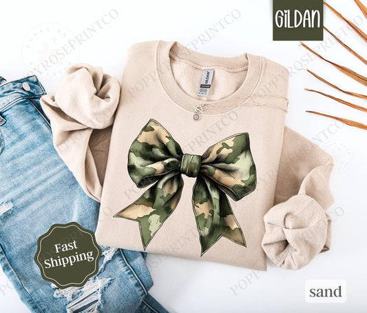 Camo Bow Sweatshirt, Military Wife Sweater, Coquette Bow Women's Crewneck T-Shirts, Hoodie | WearSparks.com