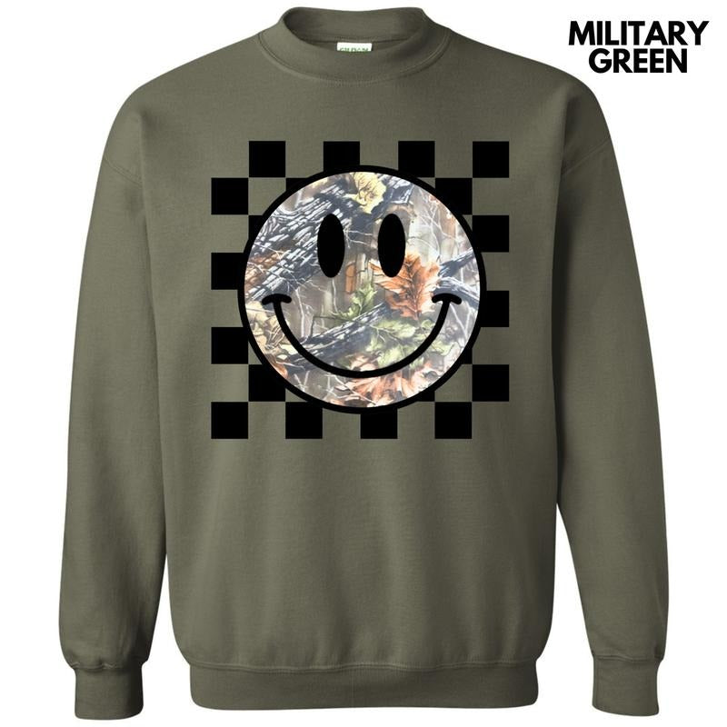 Camo Checker Happy Face Sweatshirt 'NLB' T-Shirts, Hoodie | WearSparks.com