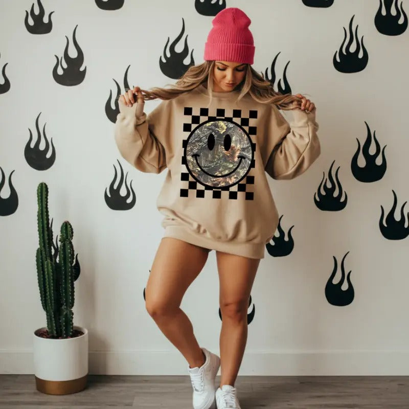Camo Checkered Smiley Sweatshirt, Graphic Crewneck Sweatshirt, cowgirl outfits, western clothing, western tops outfits...