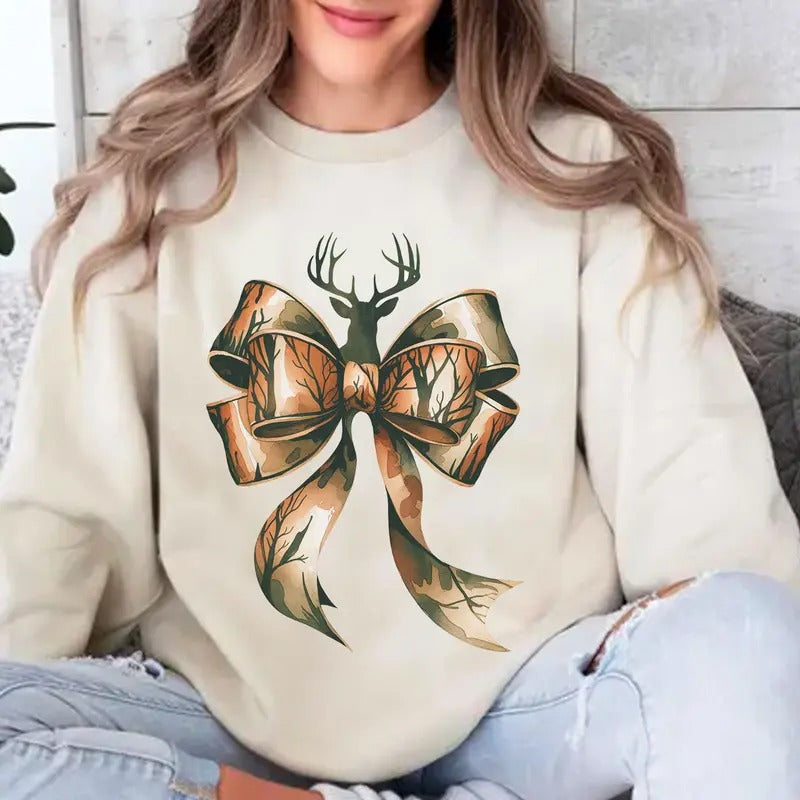 Camo Coquette Bow Deer Hunt Outdoors Unisex Crewneck Sweatshirt and T-Shirt, Hunting Season Tee coquette christmas Hoodie