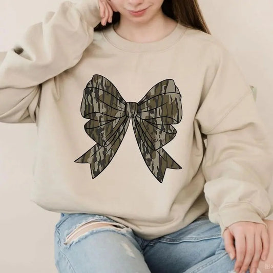 Camo Coquette Bow Sweatshirt, Old School Style Tee, Cotton Round Neck Tee, Unisex Tshirt for Men and Women, Lady Top...