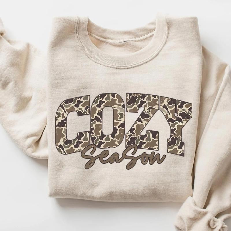 Camo Cozy Season Retro Fall Vibes Crewneck Sweatshirt, Get Cozy Camo Hunting Season Tee, Fall Autumn Gifts for Hunting...