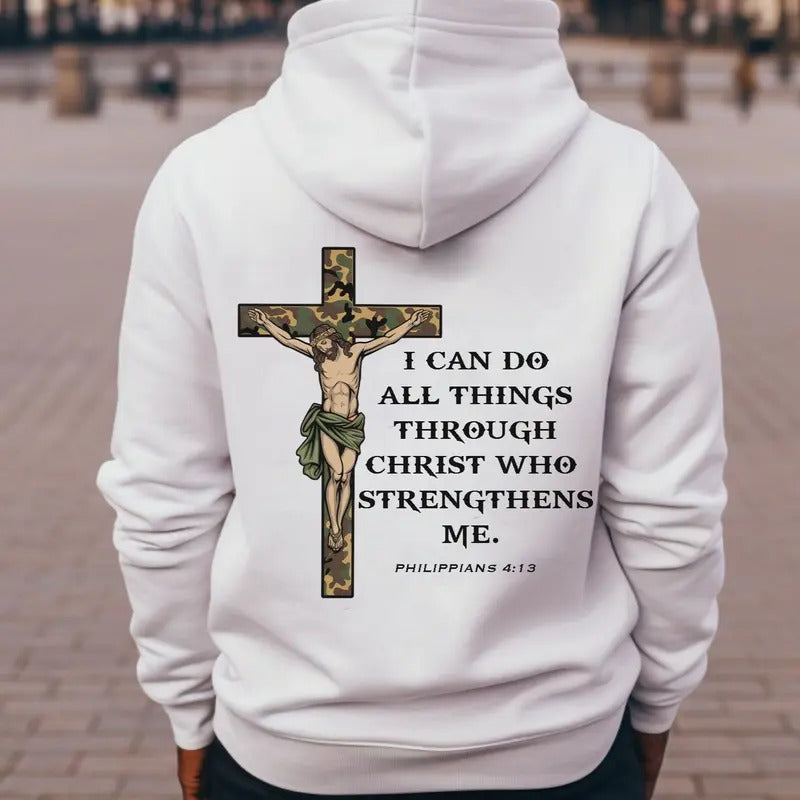 Camo Jesus Cross I Can Do All Things Bible Verse Back Printed Unisex Hoodie, Hunting Sweatshirt, Gift for Him, Camo Cross...