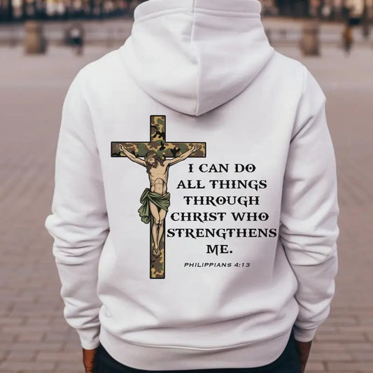Camo Jesus Cross I Can Do All Things Bible Verse Back Printed Unisex Hoodie, Hunting Sweatshirt, Gift for Him, Camo Cross...