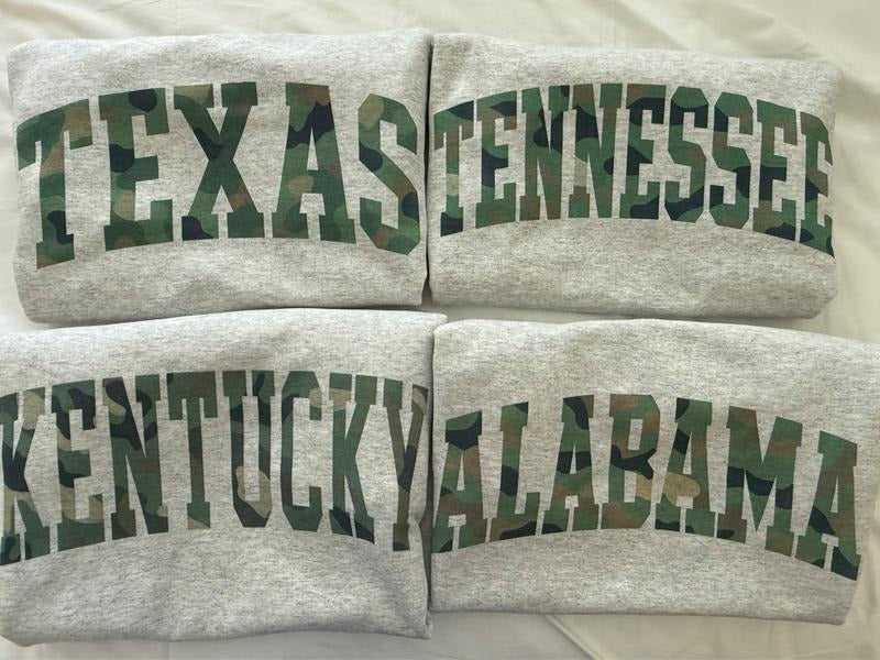 Camo State Name Sweatshirt Comfortable Fall Varsity Pullover Women's Fashion Crew Neck Texas Tennessee Kentucky Alabama...