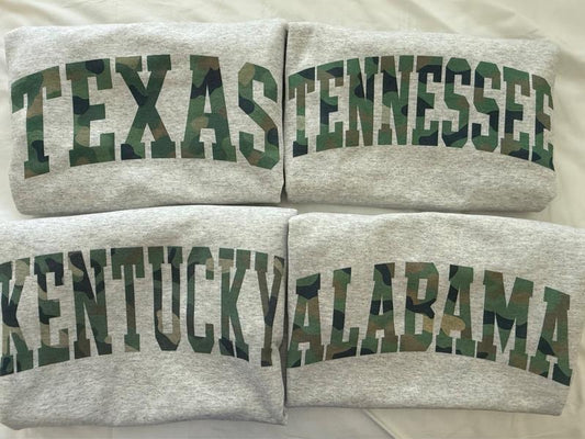 Camo State Name Sweatshirt Comfortable Fall Varsity Pullover Women's Fashion Crew Neck Texas Tennessee Kentucky Alabama...