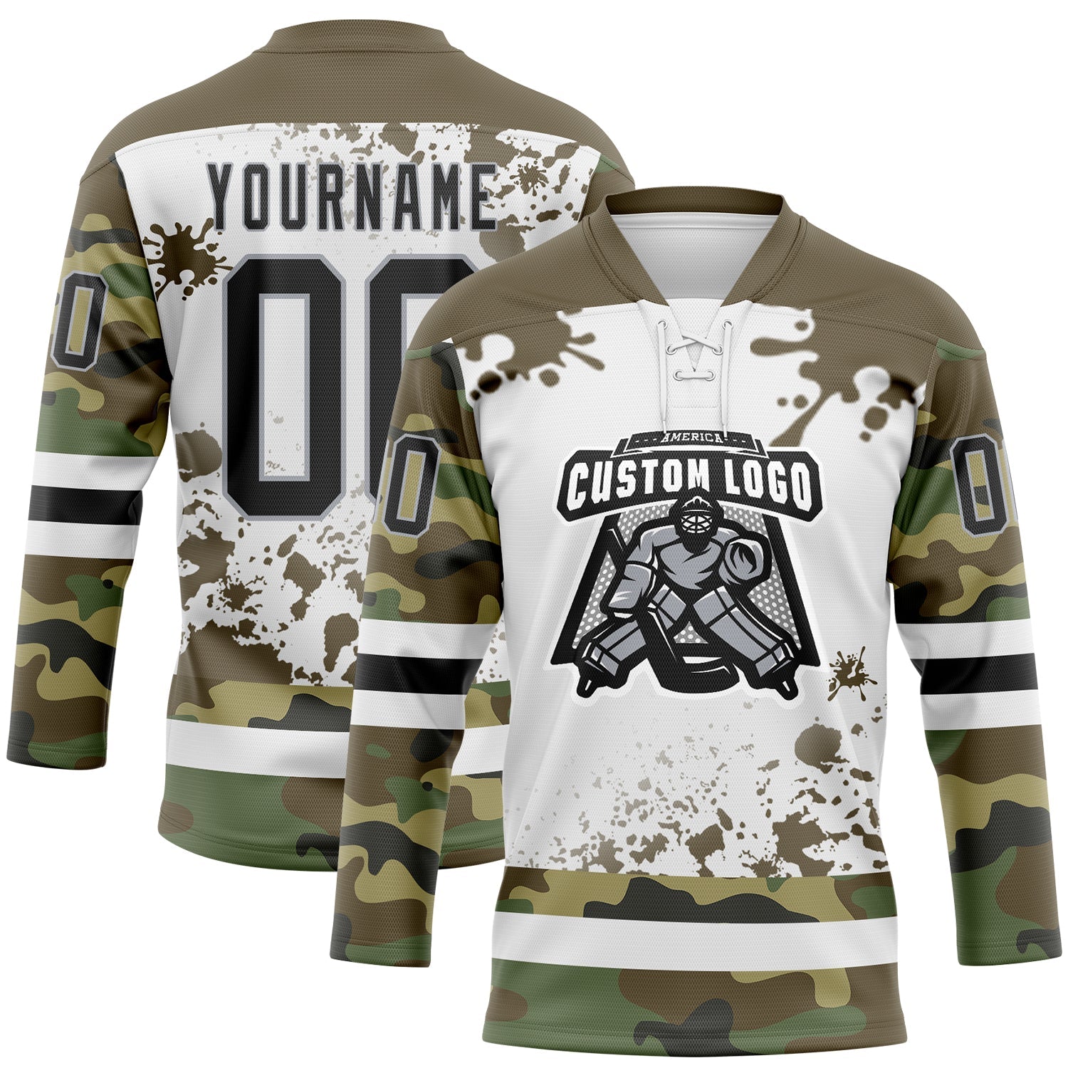 Custom Camo Black Olive Gray-White Splash Hockey Lace Neck Jersey T-Shirts, Hoodie, Sweatshirt | WearSparks.com (Image 2)